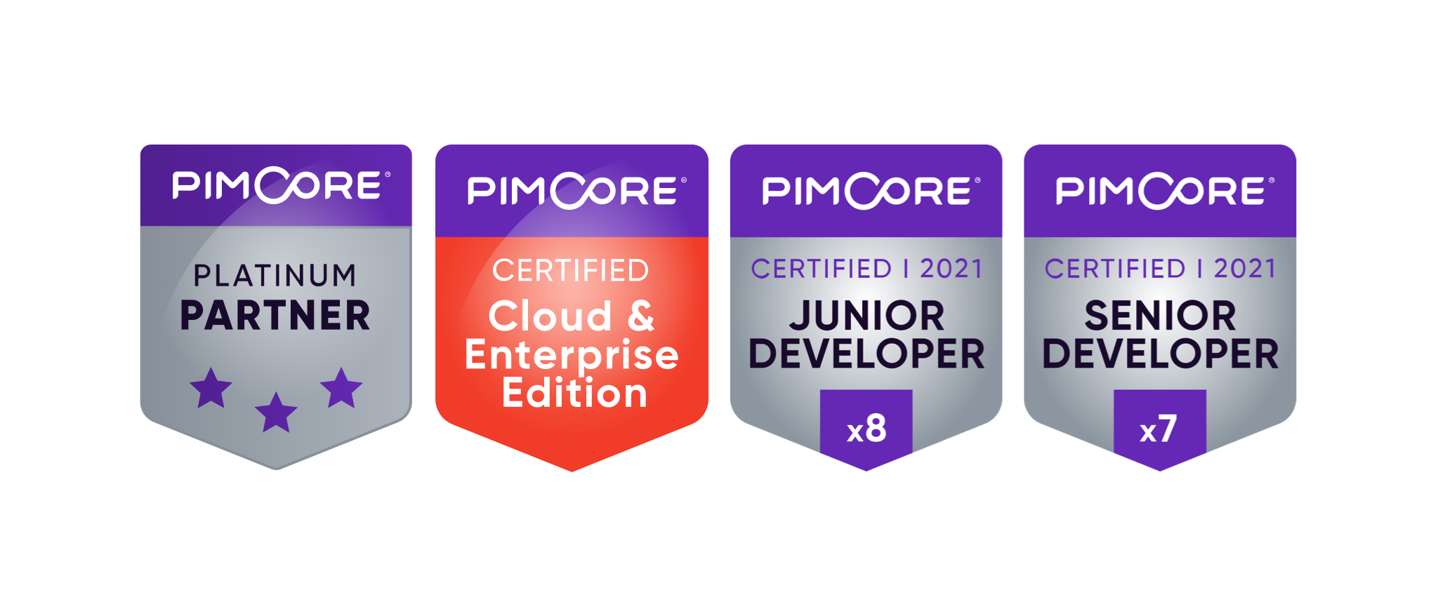 Signets von Pimcore-Zertifizierungen, welche twocream hat (Pimcore Platinum Partner, Certified Cloud & Enterprise Edition, Certified Junior Developer, Certified Senior Developer).